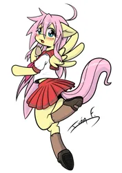 Size: 3508x4961 | Tagged: safe, alternate version, artist:memprices, derpibooru import, fluttershy, pegasus, pony, semi-anthro, blushing, clothes, colored, cosplay, costume, crossover, cute, female, high res, image, izumi konata, jumping, looking at you, lucky star, mare, otakushy, png, raised tail, sailor uniform, school uniform, shoes, shyabetes, simple background, simple shading, skirt, socks, solo, spread wings, tail, uniform, white background, wings