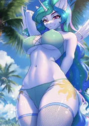 Size: 1044x1476 | Tagged: suggestive, artist:hellcat120, derpibooru import, princess celestia, anthro, arm behind back, arm behind head, bikini, breasts, cleavage, clothes, erect nipples, female, fishnets, image, jpeg, looking at you, nipple outline, outdoors, skindentation, smiling, solo, solo female, swimsuit, thighs, underboob