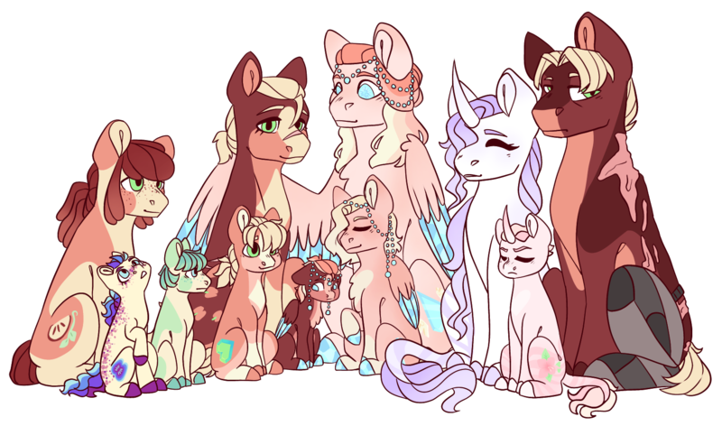 Size: 1608x949 | Tagged: safe, artist:orangemoonarts, derpibooru import, apple bloom, applejack, big macintosh, fleur-de-lis, princess cadance, oc, oc:crystal pearl, oc:diamond dove, oc:melancholy rose, oc:rock candy, oc:royal blossom, oc:sour apple, earth pony, pegasus, pony, unicorn, alternate universe, amputee, appledance, colt, family, female, filly, fleurmac, foal, image, infidelity, lesbian, magical lesbian spawn, male, mare, offspring, older, older apple bloom, parent:apple bloom, parent:applejack, parent:big macintosh, parent:fleur-de-lis, parent:petunia paleo, parent:princess cadance, parents:appledance, parents:fleurmac, parents:petuniabloom, pegasus cadance, png, prosthetic leg, prosthetic limb, prosthetics, scar, shipping, simple background, stallion, straight, transparent background