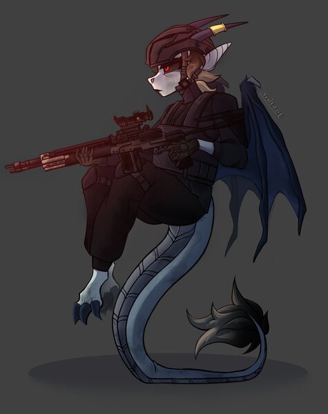 Size: 1756x2220 | Tagged: safe, artist:mirage, derpibooru import, oc, unofficial characters only, anthro, dracony, dragon, hybrid, commission, dragon oc, female, gun, image, jpeg, non-pony oc, soldier, soldier pony, solo, solo female, weapon