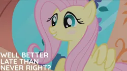 Size: 2000x1125 | Tagged: safe, derpibooru import, edit, edited screencap, editor:quoterific, screencap, fluttershy, the ticket master, blushing, image, png, solo