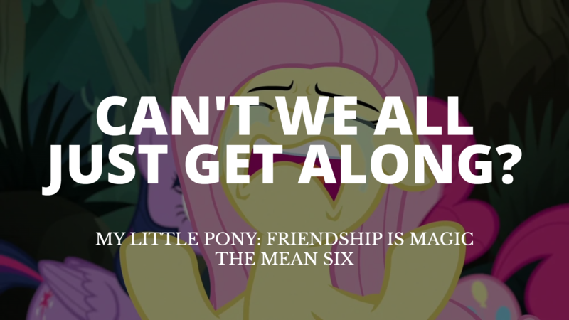 Size: 1920x1080 | Tagged: safe, derpibooru import, edit, edited screencap, editor:quoterific, screencap, fluttershy, pinkie pie, twilight sparkle, pegasus, pony, the mean 6, dialogue, eyes closed, image, png, pomy, quote, raised hoof, raised hooves