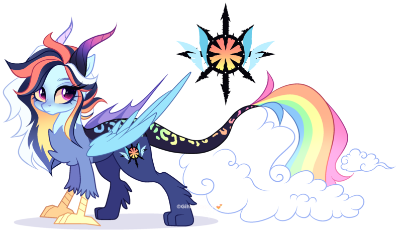 Size: 3385x1973 | Tagged: safe, artist:gihhbloonde, derpibooru import, oc, draconequus, female, image, interspecies offspring, offspring, parent:discord, parent:rainbow dash, parents:discodash, png, simple background, solo, transparent background