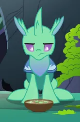 Size: 474x720 | Tagged: safe, derpibooru import, screencap, soupling, changedling, changeling, to change a changeling, cropped, food, image, looking down, male, narrowed eyes, png, solo, soup, unamused