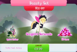 Size: 1268x857 | Tagged: safe, derpibooru import, official, songbird serenade, pegasus, pony, my little pony: the movie, bow, bundle, bush, clothes, costs real money, english, female, folded wings, gameloft, gem, guitar, hair bow, image, jpeg, mare, mobile game, musical instrument, my little pony: magic princess, numbers, sale, shirt, solo, solo focus, text, wings