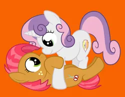 Size: 2870x2233 | Tagged: safe, artist:squipycheetah, derpibooru import, babs seed, sweetie belle, earth pony, pony, unicorn, alternate cutie mark, babsbelle, female, filly, foal, happy, image, lesbian, orange background, png, shipping, simple background, smiling