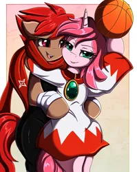 Size: 1446x1814 | Tagged: safe, artist:pridark, derpibooru import, oc, oc:blitz drive, oc:diamond stellar, unofficial characters only, earth pony, pony, unicorn, basketball, bipedal, clothes, commission, duo, female, final fantasy, final fantasy i, hoodie, image, male, mario sports mix, ninja, oc x oc, png, scarf, shipping, simple background, sports, straight, white mage
