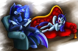 Size: 1250x827 | Tagged: safe, artist:jamescorck, derpibooru import, princess luna, rarity, alicorn, unicorn, chair, clipboard, crossed legs, crying, fainting couch, glasses, image, makeup, marshmelodrama, png, quill, rarity being rarity, running makeup, sitting, the worst possible thing, therapist