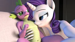 Size: 2560x1440 | Tagged: safe, artist:daemont92, banned from derpibooru, rarity, spike, anthro, dragon, unicorn, 3d, age difference, belly button, female, image, male, male nipples, nudity, png, revamped anthros, seductive, shipping, shotacon, source filmmaker, sparity, straight, straight shota, suckling, underage