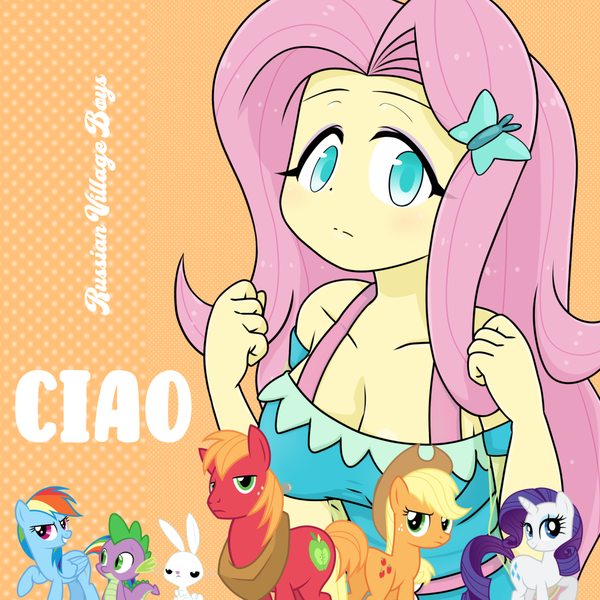 Size: 1280x1280 | Tagged: safe, artist:batipin, artist:edy_january, derpibooru import, edit, angel bunny, applejack, big macintosh, fluttershy, rainbow dash, rarity, spike, dragon, earth pony, human, pegasus, pony, unicorn, equestria girls, equestria girls series, album, album cover, artwork used, background used, breasts, busty fluttershy, ciao (song), fluttershy boho dress, geode of fauna, hardbass, image, link in description, looking at you, magical geodes, music, parody, png, russian village boys, song, youtube link