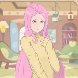 Size: 2000x2000 | Tagged: safe, artist:theapplequeen1, derpibooru import, fluttershy, human, clothes, fluttershy's cottage, humanized, image, jpeg, sweater, sweatershy