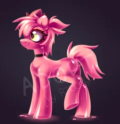 Size: 2700x2800 | Tagged: safe, artist:rtootb, derpibooru import, oc, earth pony, pony, adoptable, advertisement, character design, collar, cute, fangs, female, for sale, happy, image, link in description, looking at something, looking away, mare, monochrome, one eye closed, original character do not steal, pink mane, png, ponytail, raised hoof, reference sheet, simple background, slime, slimy, smiling, solo, watermark, yellow eyes