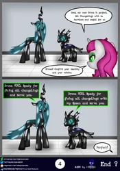 Size: 2560x3654 | Tagged: safe, artist:damlanil, derpibooru import, queen chrysalis, oc, oc:peony, changeling, goo, latex pony, original species, pony, unicorn, comic:new conversion strategy, bdsm, bondage, close-up, clothes, comic, commission, damlanil's lab, encasement, female, horn, image, laboratory, latex, living latex, male, mare, mask, mind control, png, restrained, rubber, rubber drone, rubber suit, shiny, shiny mane, show accurate, speech bubble, standing, text, transformation, vector, wings