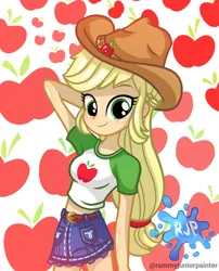 Size: 2015x2490 | Tagged: safe, artist:rjp.rammy, derpibooru import, applejack, human, equestria girls, equestria girls series, alternate hairstyle, applejack's hat, belly button, belt, belt buckle, blushing, breasts, clothes, cowboy hat, cute, cutie mark, cutie mark on clothes, denim, denim skirt, female, freckles, hat, image, jackabetes, looking at you, midriff, png, reasonably sized breasts, shirt, signature, skirt, smiling, smiling at you, solo, t-shirt