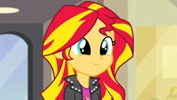 Size: 3072x1727 | Tagged: safe, derpibooru import, screencap, sunset shimmer, human, equestria girls, rainbow rocks, canterlot high, clothes, cute, cutie mark, cutie mark on clothes, eyebrows, female, high res, image, jacket, jpeg, leather, leather jacket, shimmerbetes, smiling, solo, weapons-grade cute