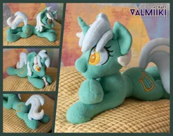 Size: 2364x1866 | Tagged: safe, artist:valmiiki, derpibooru import, lyra heartstrings, pony, unicorn, colored pupils, image, irl, jpeg, lying down, photo, plushie, prone, solo