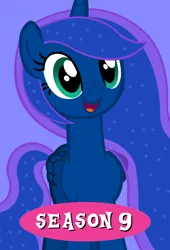 Size: 680x1000 | Tagged: safe, artist:laszlvfx, derpibooru import, princess luna, alicorn, pony, season 9, spoiler:s09, female, folded wings, front view, horn, image, mare, open mouth, open smile, plex, png, poster, simple background, smiling, solo, standing, tail, wings