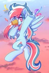 Size: 2000x3000 | Tagged: safe, artist:leah minik, derpibooru import, oc, oc:fluffy whirlpool, unofficial characters only, pegasus, pony, behaving like a duck, chest fluff, cute, ear fluff, eyebrows, eyebrows visible through hair, female, flying, full body, heterochromia, image, looking at you, mare, multicolored mane, multicolored tail, pegasus oc, png, sky background, solo, spread wings, tail, wings