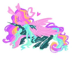 Size: 1280x1022 | Tagged: safe, artist:webkinzworldz, derpibooru import, princess cadance, queen chrysalis, pony, cadalis, cuddling, curved horn, duo, female, heart, horn, image, infidelity, lesbian, png, shipping, simple background, white background