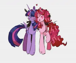 Size: 1280x1062 | Tagged: safe, artist:mapleeheart, derpibooru import, pinkie pie, twilight sparkle, twilight sparkle (alicorn), alicorn, earth pony, pony, duo, female, glasses, gray background, heart, image, jpeg, lesbian, nuzzling, shipping, simple background, twinkie