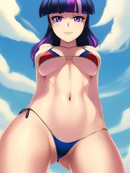 Size: 1020x1360 | Tagged: suggestive, derpibooru import, editor:sammykun, machine learning generated, stable diffusion, twilight sparkle, human, equestria girls, belly button, bikini, breasts, busty twilight sparkle, clothes, cloud, curvy, female, from below, hourglass figure, humanized, image, lips, looking at you, looking down, looking down at you, low angle, png, reasonably sized breasts, sexy, shadow, stupid sexy twilight, swimsuit, toned, toned female