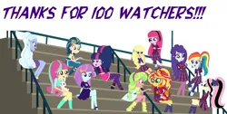 Size: 2048x1036 | Tagged: safe, artist:sarahalen, derpibooru import, applejack, fluttershy, indigo zap, lemon zest, pinkie pie, rainbow dash, rarity, sci-twi, sour sweet, sugarcoat, sunny flare, sunset shimmer, twilight sparkle, dog, equestria girls, alternate hairstyle, alternate universe, clothes, clothes swap, crystal prep academy uniform, glasses, image, png, school uniform, shadowbolts, simple background, white background