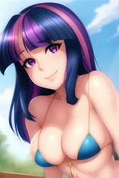 Size: 864x1288 | Tagged: suggestive, derpibooru import, editor:sammykun, machine learning generated, stable diffusion, twilight sparkle, human, equestria girls, belly button, bikini, breasts, bust, busty twilight sparkle, clothes, cloud, female, humanized, image, jpeg, lips, long hair, looking at you, portrait, reasonably sized breasts, sexy, shadow, stupid sexy twilight, swimming pool, swimsuit