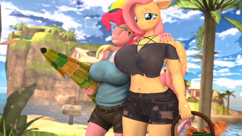 Size: 3840x2160 | Tagged: safe, artist:silkworm205, derpibooru import, part of a set, fluttershy, pinkie pie, anthro, earth pony, pegasus, 3d, 4k, :d, basket, beach, beach umbrella, blushing, bread, breasts, busty fluttershy, busty pinkie pie, carrying, chubby, clothes, colored eyebrows, colored wings, colored wingtips, duo, duo female, explicit source, eyes closed, female, floppy ears, flutterpie, fluttershy day, folded wings, food, grin, hand on shoulder, hat, high res, image, island, lesbian, open mouth, open smile, palm tree, picnic basket, png, revamped anthros, revamped ponies, shipping, shirt, shorts, smiling, source filmmaker, tallershy, tree, umbrella, umbrella hat, wide hips, wings
