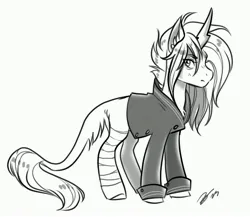 Size: 4096x3563 | Tagged: safe, artist:opalacorn, derpibooru import, oc, unofficial characters only, pony, unicorn, bandage, bandaged leg, black and white, clothes, grayscale, image, jacket, jpeg, looking at you, monochrome, simple background, solo, white background