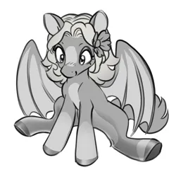 Size: 2541x2473 | Tagged: safe, artist:opalacorn, derpibooru import, oc, unofficial characters only, bat pony, pony, bat pony oc, bat wings, black and white, blaze (coat marking), coat markings, facial markings, female, flower, flower in hair, grayscale, image, jpeg, mare, monochrome, simple background, sitting, smiling, solo, white background, wings