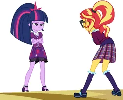 Size: 846x690 | Tagged: safe, artist:sarahalen, derpibooru import, sunset shimmer, twilight sparkle, equestria girls, alternate hairstyle, alternate universe, clothes, crystal prep academy uniform, glasses, image, png, ponytail, role reversal, school uniform