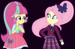 Size: 895x587 | Tagged: safe, artist:sarahalen, derpibooru import, fluttershy, sour sweet, equestria girls, alternate hairstyle, alternate universe, clothes, crystal prep academy uniform, eyeshadow, image, makeup, png, ponytail, role reversal, school uniform