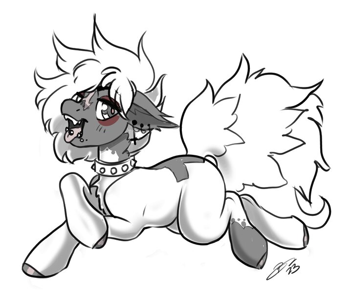Size: 4096x3424 | Tagged: safe, artist:opalacorn, derpibooru import, oc, unofficial characters only, pony, unicorn, black and white, chest fluff, choker, crossed hooves, ear piercing, earring, grayscale, image, jewelry, jpeg, lying down, male, monochrome, open mouth, open smile, partial color, piercing, prone, simple background, smiling, solo, sploot, stallion, studded choker, tongue out, tongue piercing, white background