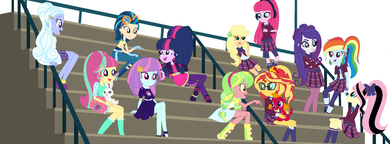 Size: 2048x758 | Tagged: safe, alternate version, artist:sarahalen, derpibooru import, applejack, fluttershy, indigo zap, lemon zest, pinkie pie, rainbow dash, rarity, sour sweet, sugarcoat, sunny flare, sunset shimmer, twilight sparkle, dog, human, rabbit, equestria girls, alternate universe, animal, clothes, clothes swap, crystal prep academy uniform, eyeshadow, glasses, image, makeup, png, role reversal, school uniform