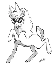Size: 1748x2048 | Tagged: safe, artist:opalacorn, derpibooru import, oc, unofficial characters only, deer, reindeer, them's fightin' herds, black and white, community related, deer oc, ear fluff, glasses, grayscale, heart shaped glasses, image, jpeg, looking at you, monochrome, non-pony oc, simple background, solo, standing on two hooves, them's fightin' herds oc, tongue out, white background