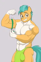 Size: 1070x1600 | Tagged: artist needed, suggestive, derpibooru import, hitch trailblazer, anthro, earth pony, g5, bulges, crotch bulge, emanata, flexing, grin, image, jpeg, looking at you, male, measuring tape, muscles, muscular male, shredded hitch, smiling, solo