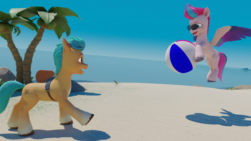 Size: 3840x2160 | Tagged: safe, artist:raindashesp, derpibooru import, hitch trailblazer, zipp storm, earth pony, pegasus, g5, beach, beach ball, female, glasses, hitchzipp, image, male, png, shipping, straight