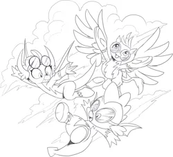 Size: 1388x1258 | Tagged: safe, artist:nauyaco, derpibooru import, gallus, smolder, spike, dragon, gryphon, clothes, cloud, flying, goggles, image, png, simple background, uniform, white background, winged spike, wings, wonderbolts uniform