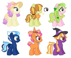 Size: 666x537 | Tagged: safe, artist:anutya, derpibooru import, oc, unofficial characters only, earth pony, pegasus, pony, unicorn, bandana, base used, female, hat, ice cream cone, image, magical lesbian spawn, male, mare, offspring, parent:applejack, parent:caramel, parent:cheese sandwich, parent:flash sentry, parent:fluttershy, parent:pinkie pie, parent:prince blueblood, parent:rainbow dash, parent:rarity, parent:soarin', parent:tree hugger, parent:twilight sparkle, parents:carajack, parents:cheesepie, parents:flashlight, parents:flutterhugger, parents:rariblood, parents:soarindash, png, simple background, stallion, straw in mouth, white background, witch hat