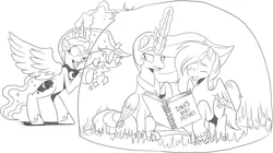 Size: 1672x934 | Tagged: safe, artist:nauyaco, derpibooru import, princess celestia, princess luna, oc, alicorn, pegasus, pony, blushing, book, female, force field, image, magic, male, monochrome, photo album, png, quadrupedal, royal sisters, siblings, simple background, sisters, stallion, trollestia, white background