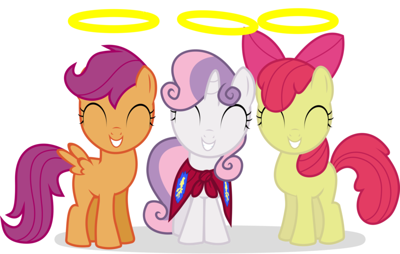 Size: 7000x4441 | Tagged: safe, artist:canon-lb, derpibooru import, apple bloom, scootaloo, sweetie belle, earth pony, pegasus, pony, unicorn, season 1, stare master, ^^, adorabloom, apple bloom's bow, bow, cape, clothes, cmc cape, cute, cutealoo, cutie mark crusaders, cutie mark cuties, diasweetes, eyes closed, female, filly, foal, grin, hair bow, halo, image, png, simple background, smiling, transparent background, trio, trio female, vector