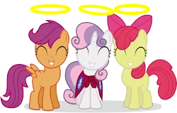 Size: 7000x4441 | Tagged: safe, artist:canon-lb, derpibooru import, apple bloom, scootaloo, sweetie belle, earth pony, pegasus, pony, unicorn, season 1, stare master, ^^, adorabloom, apple bloom's bow, bow, cape, clothes, cmc cape, cute, cutealoo, cutie mark crusaders, cutie mark cuties, diasweetes, eyes closed, female, filly, foal, grin, hair bow, halo, image, png, simple background, smiling, transparent background, trio, trio female, vector