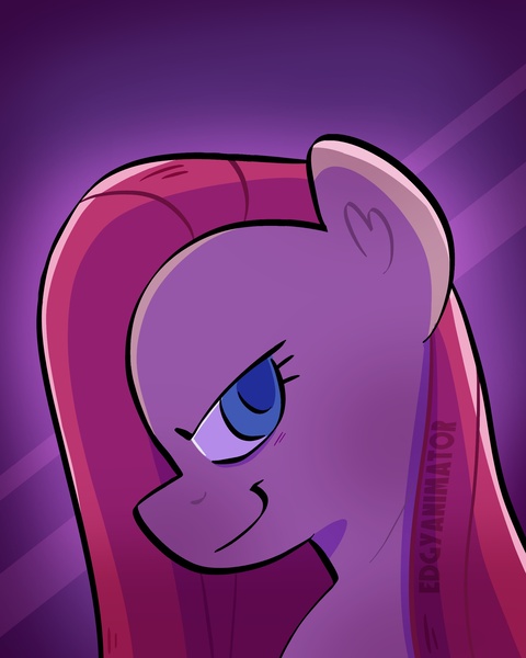 Size: 2000x2500 | Tagged: safe, artist:edgyanimator, derpibooru import, pinkie pie, earth pony, pony, abstract background, angry, blue eyes, bust, cel shading, colored, colored lineart, dark, derpibooru exclusive, devious, devious smile, digital art, evil, evil grin, eyelashes, female, firealpaca, gradient background, grin, highlights, image, jpeg, looking at you, mare, pink coat, pink fur, pink hair, pink mane, pinkamena diane pie, portrait, purple background, shading, shadow, side view, signature, simple background, simple shading, smiling, smiling at you, solo, stare, straight hair, straight mane