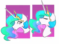 Size: 1536x1132 | Tagged: suggestive, artist:averysweatyboy, derpibooru import, princess celestia, alicorn, pony, 2 panel comic, bedroom eyes, blowing bubbles, bubble, bust, comic, drool, emanata, female, image, jpeg, looking at you, mare, solo, solo female, spit bubble, tongue out