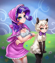 Size: 3088x3546 | Tagged: suggestive, artist:racoonsan, derpibooru import, rarity, sweetie belle, human, sheep, forever filly, balloon, balloon bouquet, bonnet, bouquet, breasts, cleavage, clothes, costume, cute, dress, duo, female, flower, high res, horn, horned humanization, humanized, image, lamb, looking at you, png, scene interpretation, sheepie belle, siblings, sisters, smiling, sweetie belle is not amused, unamused