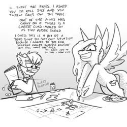 Size: 3000x3000 | Tagged: safe, artist:captainhoers, derpibooru import, oc, oc:princess poutine, unofficial characters only, alicorn, goat, pony, cheese, dialogue, duo, female, food, french fries, glasses, grayscale, grin, hoof hold, image, jpeg, male, mare, monochrome, smiling, tabletop game