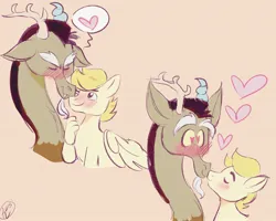 Size: 2048x1640 | Tagged: safe, artist:merbunny, derpibooru import, discord, oc, oc:exist, draconequus, hippogriff, hybrid, pony, blushing, canon x oc, cute, gay, griffequus, heart, heart eyes, image, jpeg, kissing, male, paws, shipping, simple background, wingding eyes, wings, yellow background