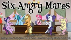 Size: 1280x720 | Tagged: safe, artist:kathana-da, derpibooru import, applejack, fluttershy, pinkie pie, rainbow dash, rarity, twilight sparkle, earth pony, pegasus, pony, unicorn, fanfic:six angry mares, 12 angry men, 2017, alternate universe, angry, applejack's hat, bowtie, bun hairstyle, chair, chandelier, colored pupils, cowboy hat, crossed arms, fanfic art, female, flower, flower in hair, freckles, glasses, hat, hiding behind wing, image, jpeg, mane six, mare, office chair, pinkamena diane pie, ponytail, scared, table, thumbnail, unicorn twilight, vase, window, wings, youtube link