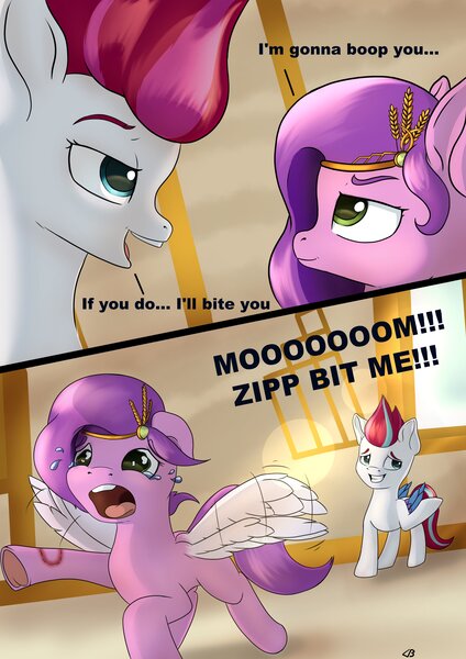 Size: 2480x3508 | Tagged: safe, artist:db, derpibooru import, pipp petals, zipp storm, pegasus, pony, g5, bite mark, crying, dialogue, female, filly, foal, frog (hoof), image, implied boop, jpeg, lens flare, open mouth, royal sisters (g5), sheepish grin, siblings, sisters, underhoof, younger