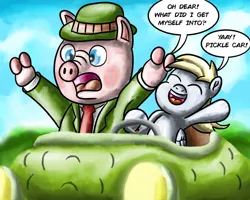 Size: 1280x1024 | Tagged: safe, artist:saburodaimando, derpibooru import, derpy hooves, pegasus, pig, pony, car, crossover, dialogue, duo, image, jpeg, mr. frumble, scared, the busy world of richard scarry, varying degrees of amusement, varying degrees of want